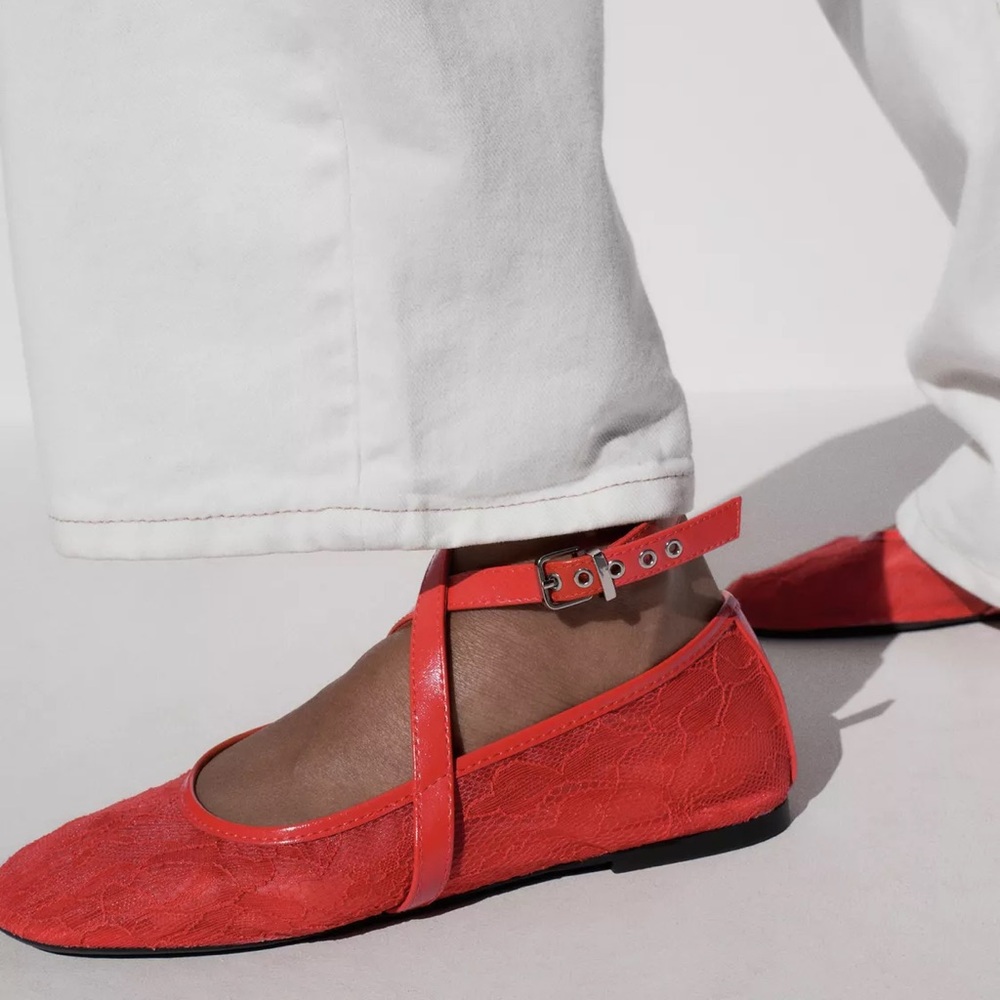 Zara DOUBLE STRAP LACE BALLERINAS, red